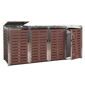 Mülltonnenbox 4er WPC Edelstahl, Walnuss-Holzoptik, 120x264x85cm
