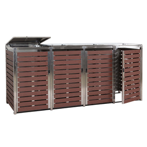 Mülltonnenbox 4er WPC Edelstahl, Walnuss-Holzoptik, 120x264x85cm