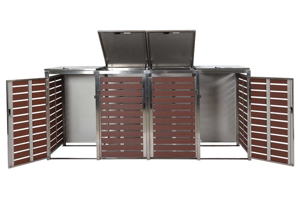 Mülltonnenbox 4er WPC Edelstahl, Walnuss-Holzoptik, 120x264x85cm