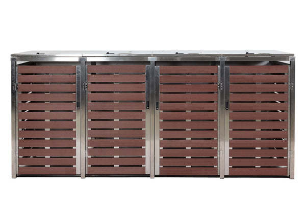 Mülltonnenbox 4er WPC Edelstahl, Walnuss-Holzoptik, 120x264x85cm
