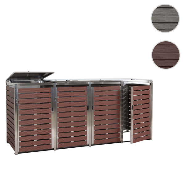 Mülltonnenbox 4er WPC Edelstahl, Walnuss-Holzoptik, 120x264x85cm