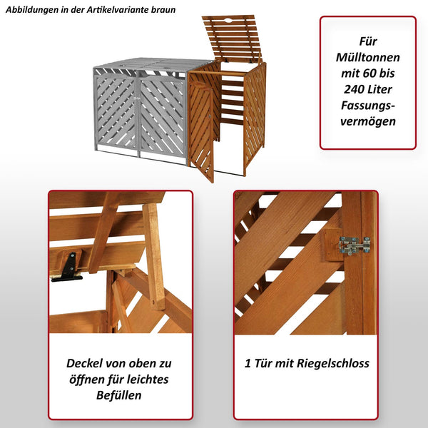Mülltonnenbox XL aus Holz, 120x68x98cm, braun, erweiterbar