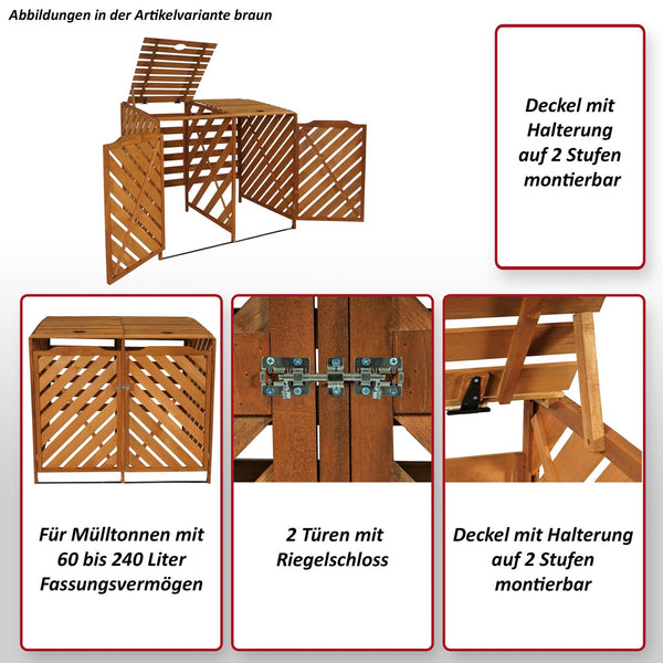 Mülltonnenbox Holz XL Braun, erweiterbar für 2/4 Tonnen, 121x133x98cm