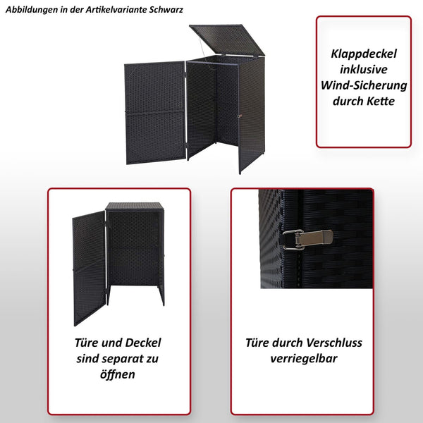 Mülltonnenbox aus Poly-Rattan in Schwarz für 120l Mülltonnen