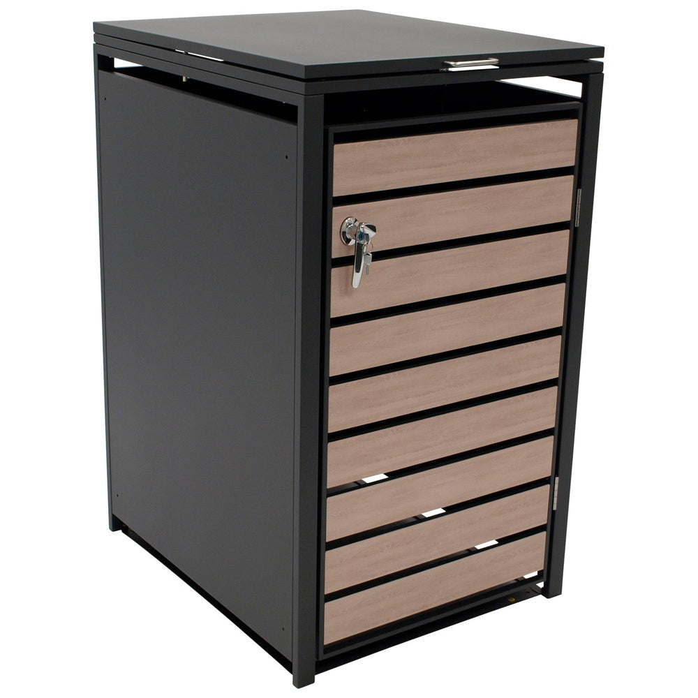 Mülltonnenbox 66x80x116cm für Tonnen 120 und 240 Liter, Stahl anthrazit mit Türen Holzoptik