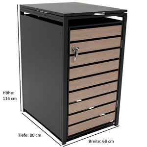 Mülltonnenbox 66x80x116cm für Tonnen 120 und 240 Liter, Stahl anthrazit mit Türen Holzoptik