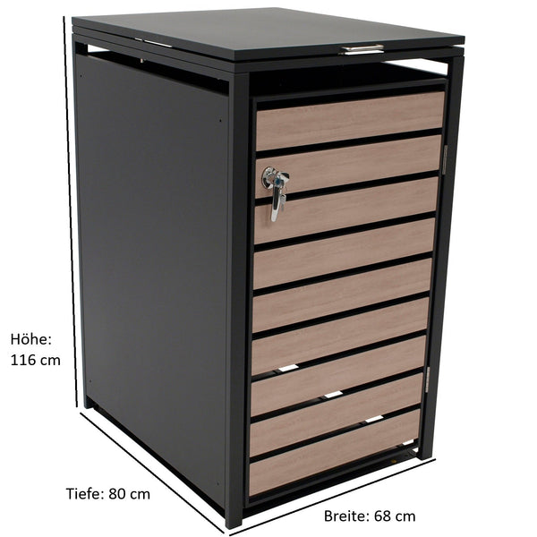 Mülltonnenbox 66x80x116cm für Tonnen 120 und 240 Liter, Stahl anthrazit mit Türen Holzoptik