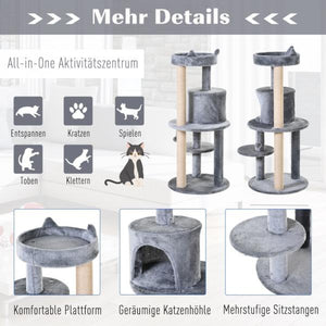 Katzenbaum 4-Stock Katzenhöhle mit Spielbällen Sitzstange Sisalsäule Sisal Plüsch Grau