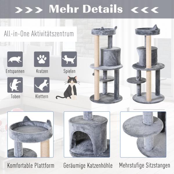 Katzenbaum 4-Stock Katzenhöhle mit Spielbällen Sitzstange Sisalsäule Sisal Plüsch Grau
