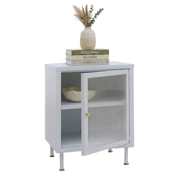 Nachttisch Beistelltisch Industrial Staufächer Metall Schilfglas 55x41x41cm weiss