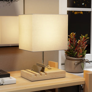 Nachttischlampe mit USB Ablage Holz Stoffschirm für Schlafzimmer weiss