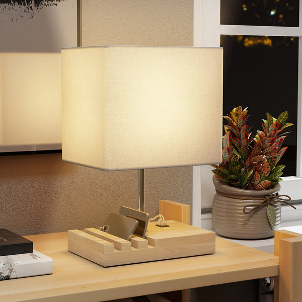 Nachttischlampe mit USB Ablage Holz Stoffschirm für Schlafzimmer weiss
