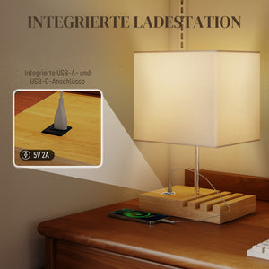 Nachttischlampe mit USB Ablage Holz Stoffschirm für Schlafzimmer weiss