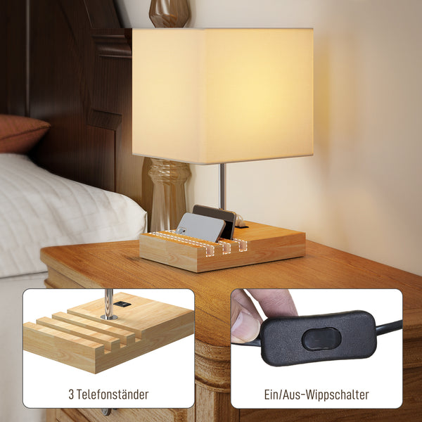 Nachttischlampe mit USB Ablage Holz Stoffschirm für Schlafzimmer weiss