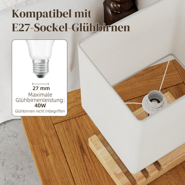 Nachttischlampe mit USB Ablage Holz Stoffschirm für Schlafzimmer weiss