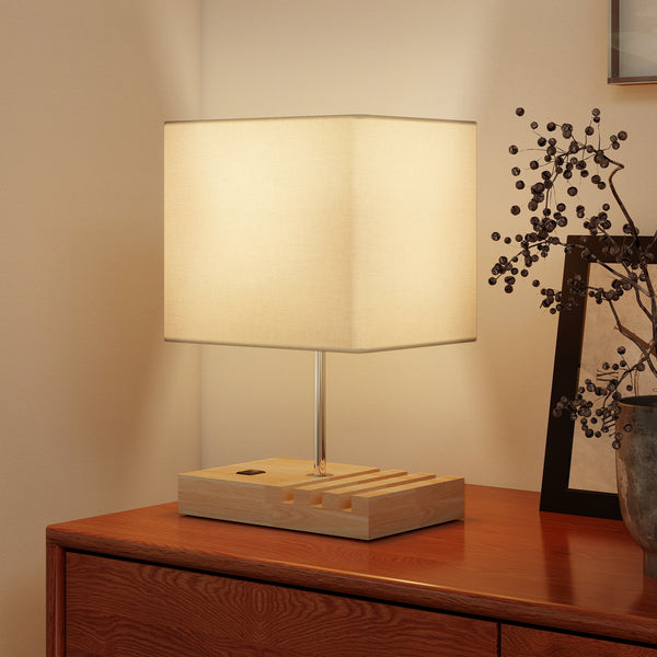 Nachttischlampe mit USB Ablage Holz Stoffschirm für Schlafzimmer weiss