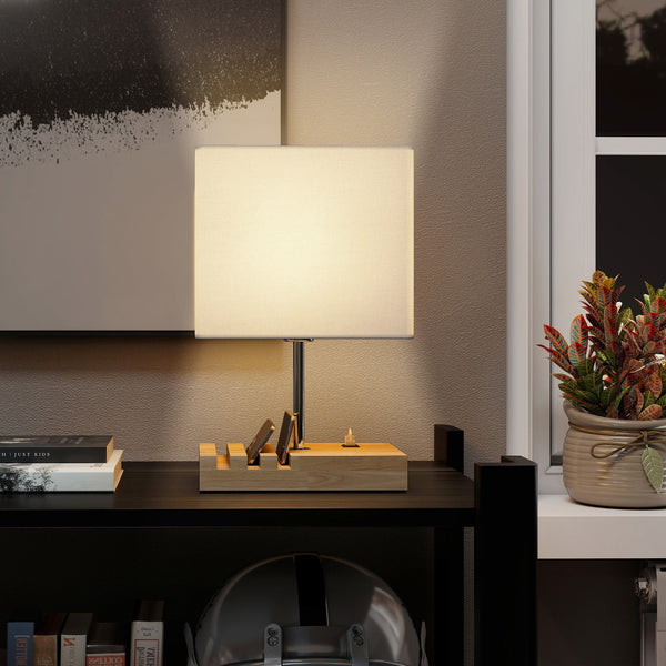 Nachttischlampe mit USB Ablage Holz Stoffschirm für Schlafzimmer weiss