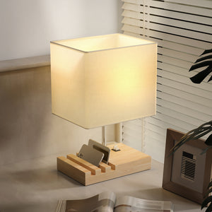 Nachttischlampe mit USB Ablage Holz Stoffschirm für Schlafzimmer weiss