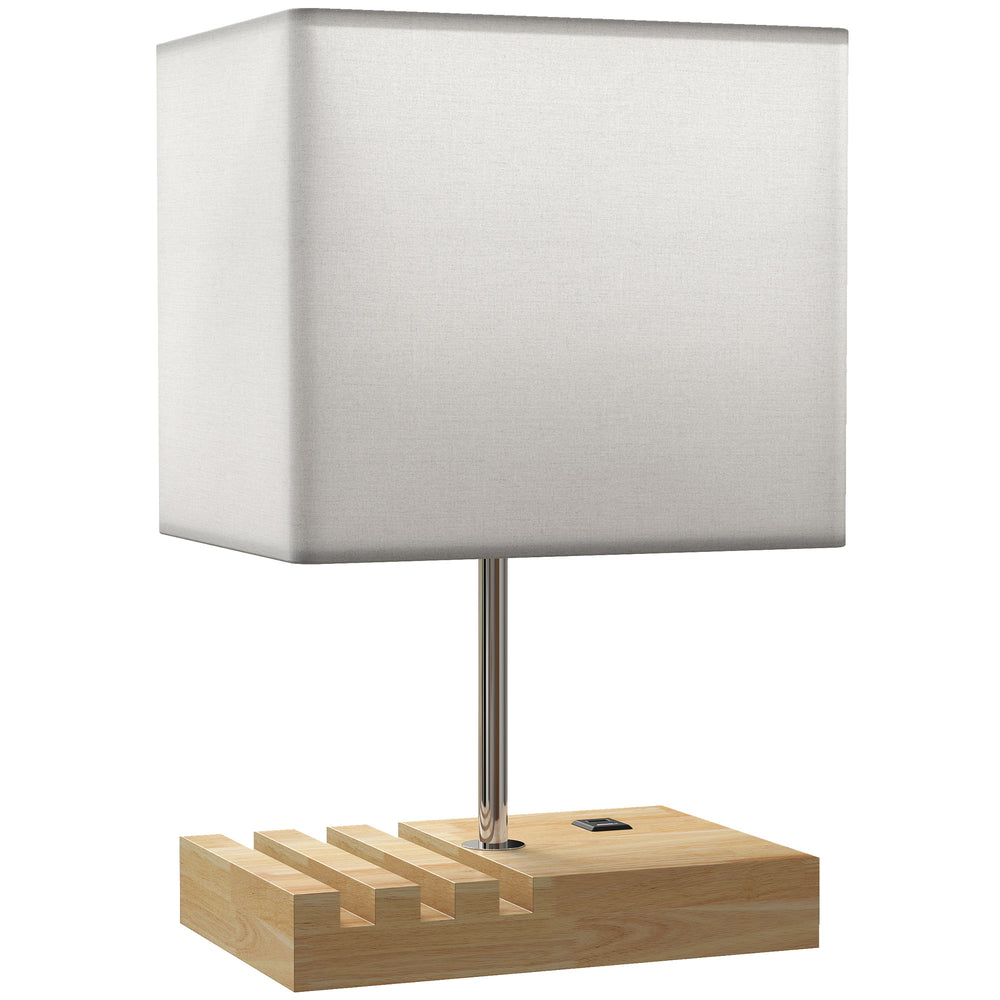Nachttischlampe mit USB Ablage Holz Stoffschirm für Schlafzimmer weiss