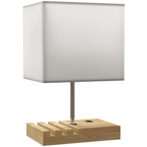 Nachttischlampe mit USB Ablage Holz Stoffschirm für Schlafzimmer weiss