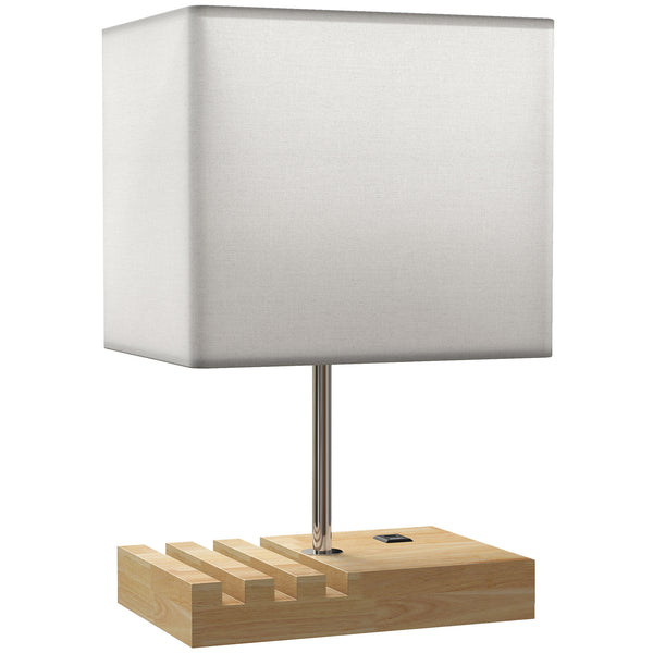Nachttischlampe mit USB Ablage Holz Stoffschirm für Schlafzimmer weiss