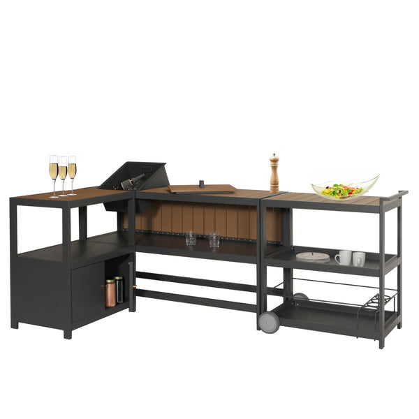 3-tlg. Aluminium Outdoor-Küche Garten mit Servierwagen Eiskübel Schrank anthrazit Holzoptik
