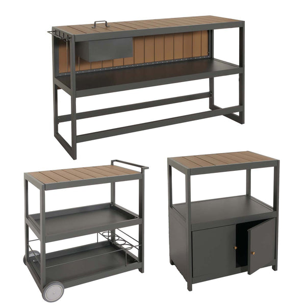 3-tlg. Aluminium Outdoor-Küche Garten mit Servierwagen Eiskübel Schrank anthrazit Holzoptik