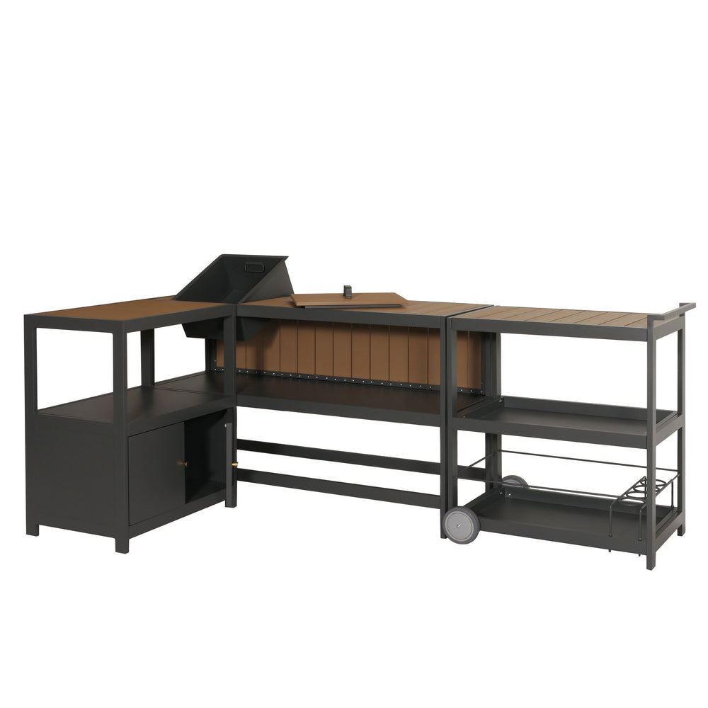 3-tlg. Aluminium Outdoor-Küche Garten mit Servierwagen Eiskübel Schrank anthrazit Holzoptik