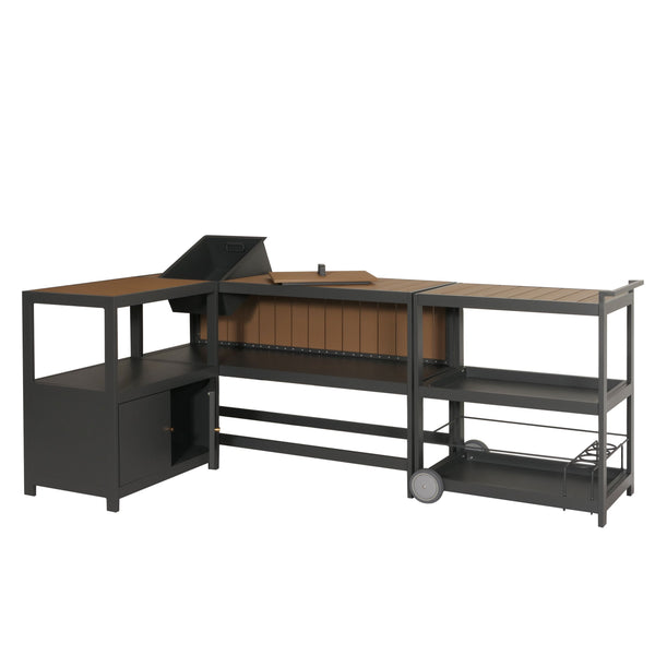 3-tlg. Aluminium Outdoor-Küche Garten mit Servierwagen Eiskübel Schrank anthrazit Holzoptik