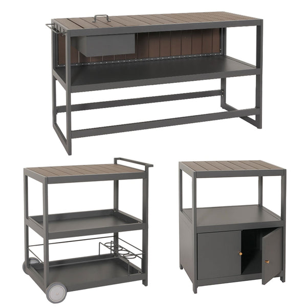 Outdoor-Küche Aluminium 3-teilig Garten anthrazit Holzoptik
