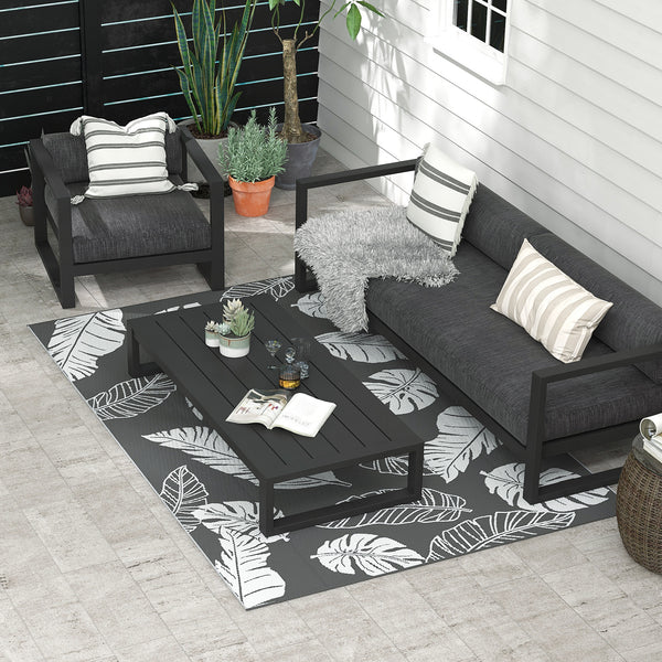 Outdoor Teppich wetterfest Blattmuster 182x274cm grau weiss