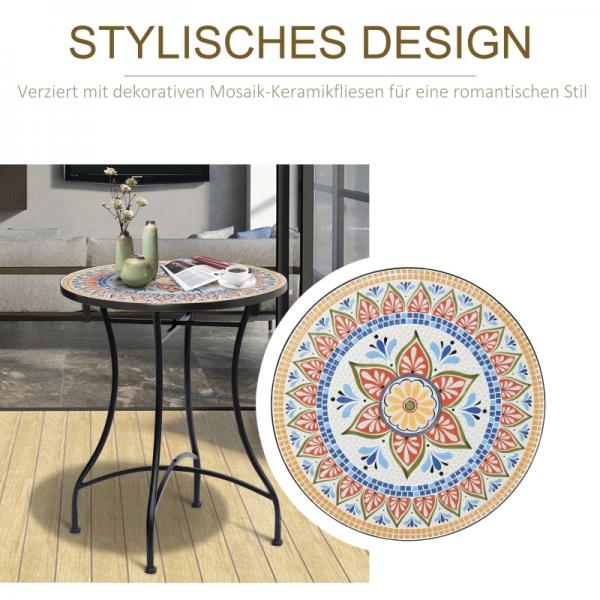 Mosaiktisch rund Bistrotisch Mosaikplatte Keramik Metall Rot+Blau+Weiss Ø60 cm
