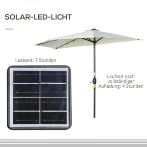 Sonnenschirm, Terrassenschirm, halbrund, mit Solarpaneel, 20 LEDs, Handkurbel, beige, 2,70 x 1,35 x 2,40 m