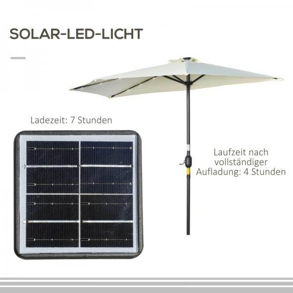 Sonnenschirm, Terrassenschirm, halbrund, mit Solarpaneel, 20 LEDs, Handkurbel, beige, 2,70 x 1,35 x 2,40 m