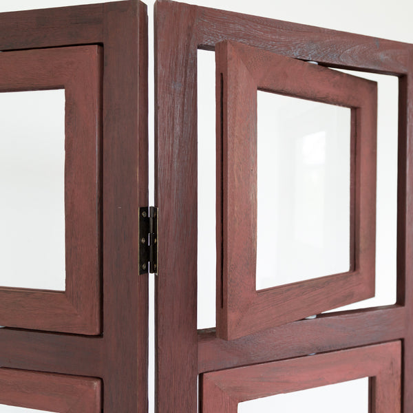 3-panel wooden room divider with 15 picture frames, brown