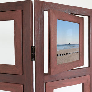 3-panel wooden room divider with 15 picture frames, brown