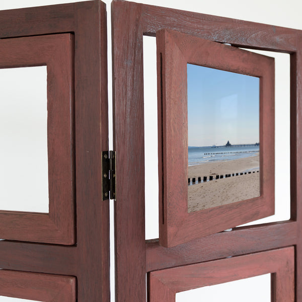 3-panel wooden room divider with 15 picture frames, brown