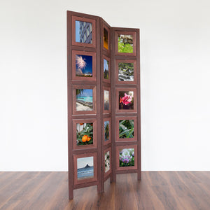 3-panel wooden room divider with 15 picture frames, brown