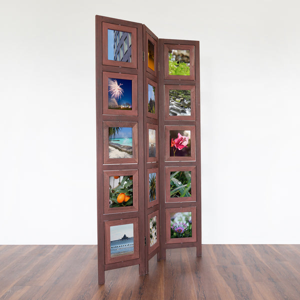 3-panel wooden room divider with 15 picture frames, brown