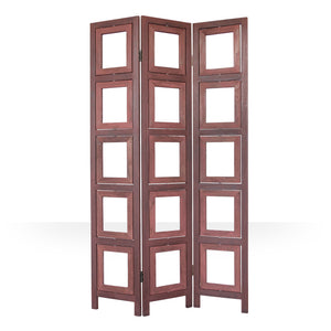 3-panel wooden room divider with 15 picture frames, brown