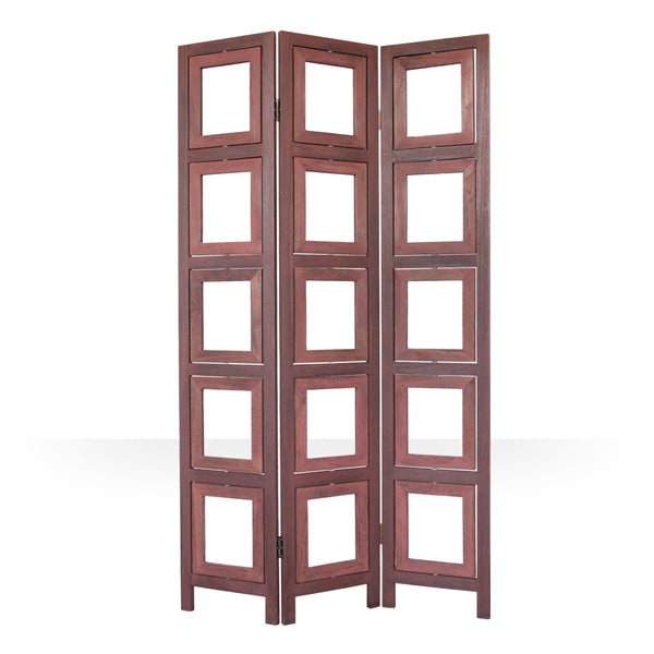 3-panel wooden room divider with 15 picture frames, brown
