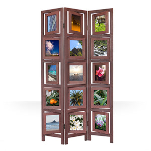 3-panel wooden room divider with 15 picture frames, brown