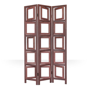 3-panel wooden room divider with 15 picture frames, brown