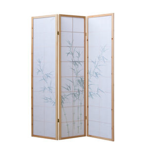 Folding screen room divider, 3-panel Shoji partition made of wood, natural finish