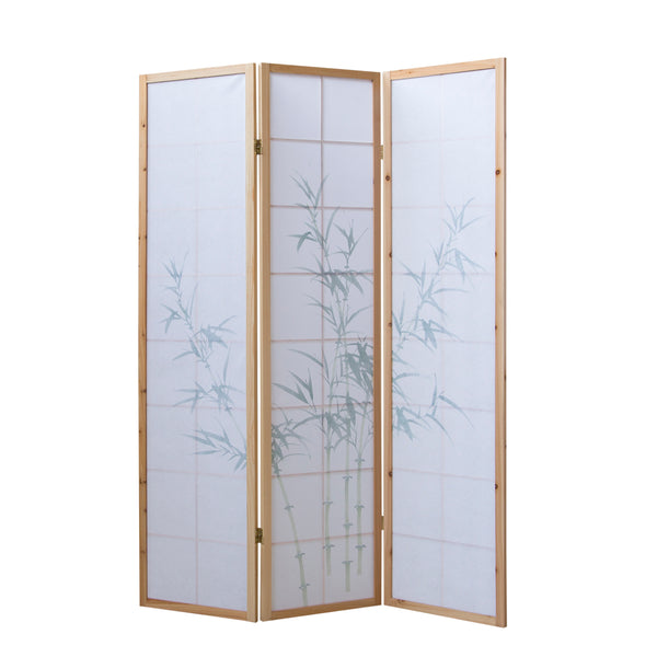 Folding screen room divider, 3-panel Shoji partition made of wood, natural finish