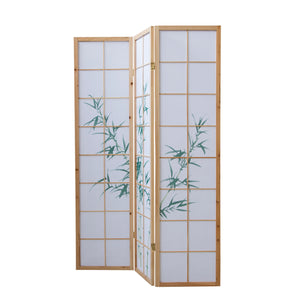 Folding screen room divider, 3-panel Shoji partition made of wood, natural finish