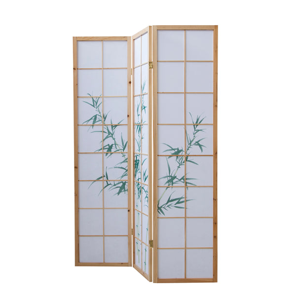 Folding screen room divider, 3-panel Shoji partition made of wood, natural finish