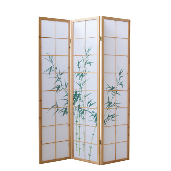 Folding screen room divider, 3-panel Shoji partition made of wood, natural finish