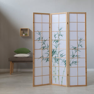 Folding screen room divider, 3-panel Shoji partition made of wood, natural finish