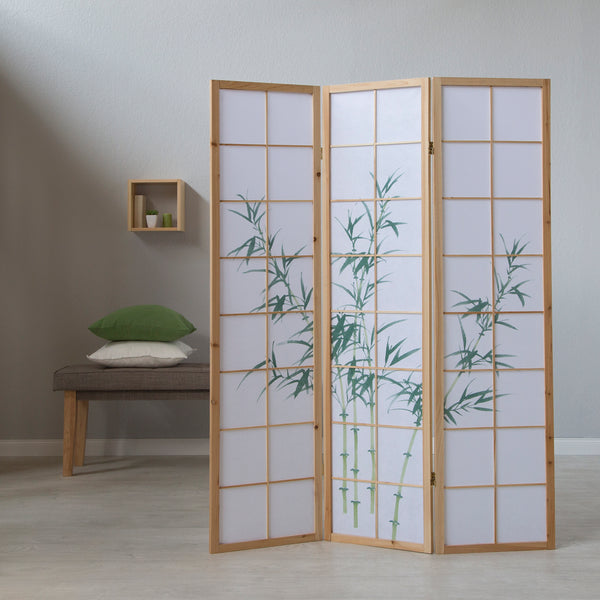 Folding screen room divider, 3-panel Shoji partition made of wood, natural finish